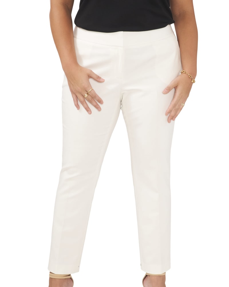 Front of a model wearing a size 14W Tatum Front Zip Ankle Pant in NEW IVORY by Vince Camuto. | dia_product_style_image_id:261850